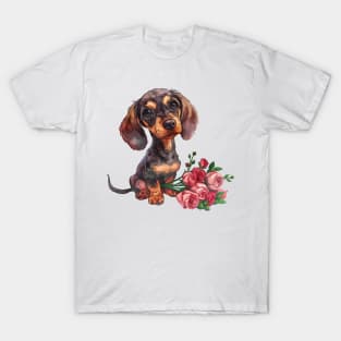 Valentine Dachshund Dog Giving Flowers T-Shirt